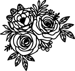 Hand drawing floral line art illustration featuring detailed rose,foliage,leaves, and botanical elements. For coloring pages, tattoo designs, laser cutting, and decorative clipart.