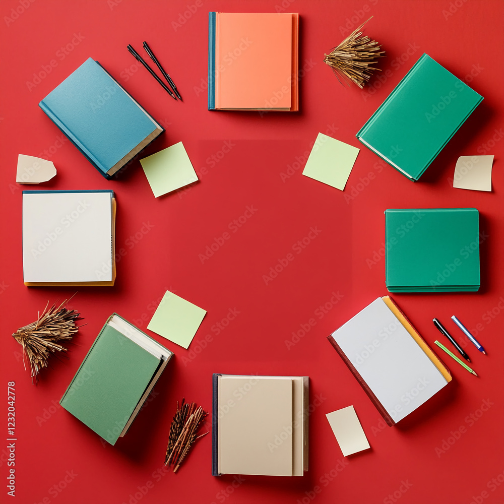 Aufkleber a circular arrangement of colorful books with post-it notes and pens, set against a red background. 