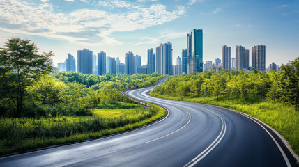 Fototapeta premium Winding road to city with sign, woods and grass on sides. Cartoon vector panoramic landscape with empty asphalt highway from countryside to skyscrapers in town. Summer cityscape with freeway in park.