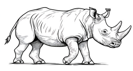 Fototapeta premium Baby rhinoceros, walking to the right side of the screen, full body, vector line art, letterpress style black lines in a woodcut engraving on a white background, woodblock print, high resolution, 