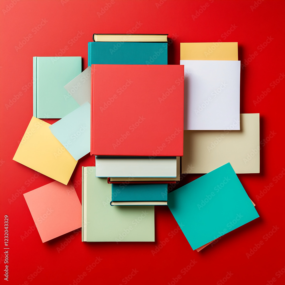 Aufkleber A flat lay image of colorful books and paper sheets scattered over a red background. The image represents the concept of organization, study, education, or creative workspace.