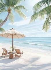 A tranquil beach scene featuring an umbrella and chairs under palm trees, with gentle waves lapping against the shore.