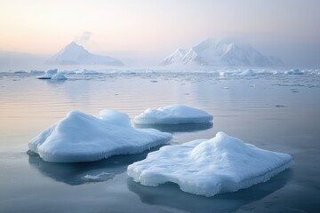 Frozen tundra with icebergs floating in the distance under a pale sky, with a distant, snow-covered mountain range adding to the chilly scene.