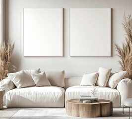 Boho living room with white walls, two blank and empty wall art mockups hanging on the wall, neutral tones, cozy bohemian-style interior design, planters in the background, do not block the 