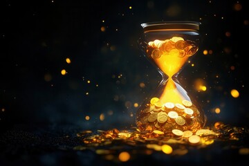 elegant hourglass filled with glowing golden coins instead of sand, floating in a dark void with shimmering time symbols and currency notes, dramatic lighting