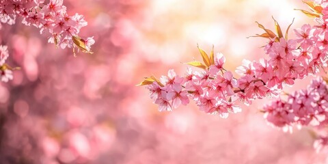 Obraz premium Beautiful cherry blossoms blooming in soft pink hues during springtime.