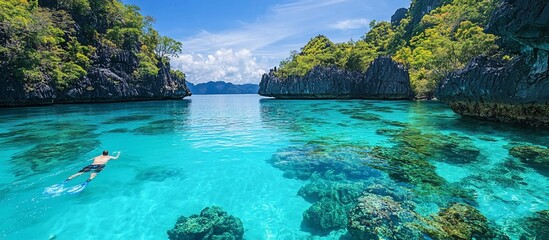 Obraz premium Serene Snorkeling Adventure in Crystal Clear Waters Surrounded by Lush Tropical Landscape