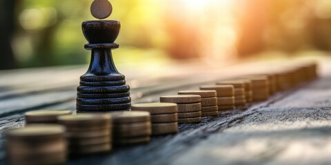 Chess piece on coins symbolizing strategy, finance, and decision-making concepts.