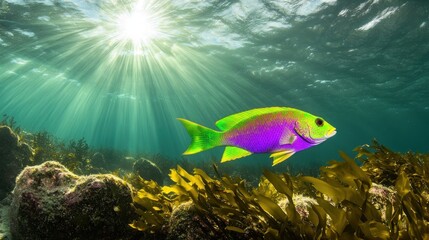 Naklejka premium Vibrant purple and green fish swimming in sunlit ocean water above kelp forest.