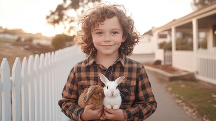 Happy boy holding two adorable rabbits outdoors.