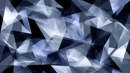 Fototapeta premium Abstract background with overlapping translucent triangles in shades of blue and white on black.