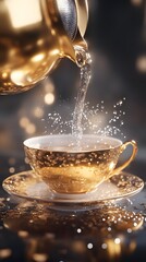 A beautiful blue and gold teacup is being filled with water from an ornate coffee machine
