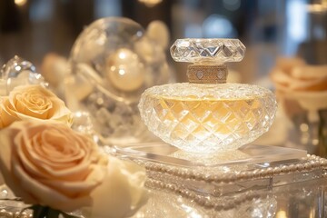 elegant perfume boutique with crystal bottles catching prismatic light, golden accents, misty atmosphere, luxurious display with roses and pearls scattered artistically