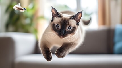 Siamese cat leaping towards a small flying toy fish in a cozy living room with natural light and green plants in the background
