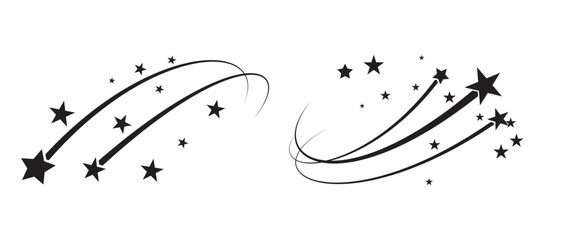 Shooting stars icon vector set. Black falling stars icon. Abstract silhouette of shooting star. Meteorite and comet symbols. Flying comet with tail, falling meteor, abstract galaxy element. © Vector Vista