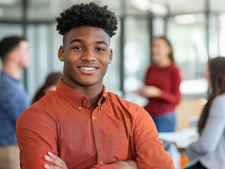 Confident young man smiling while standing in modern office environment with colleagues in background during collaborative meeting