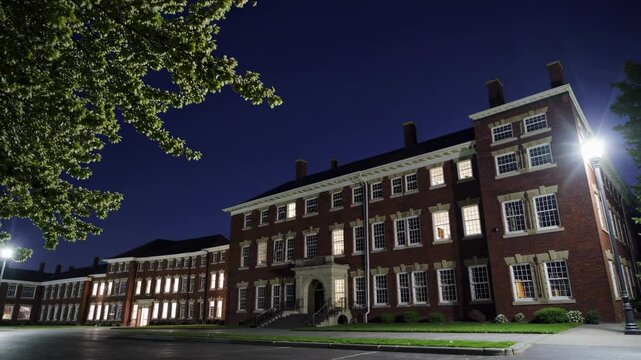Nighttime tranquility enveloping green leaves softly swaying near illuminated school building, casting serene shadows across empty campus landscape