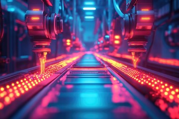 Futuristic factory with robotic assembly lines glowing with neon lights and digital patterns.