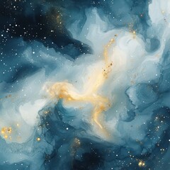 Fototapeta premium Abstract Blue Gold Nebula Swirling Cosmic Art