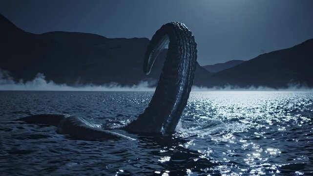 Mysterious prehistoric water creature emerging from misty lake surface, silhouetted against mountain backdrop during moonlit nocturnal wilderness scene, evoking legendary cryptozoological folklore