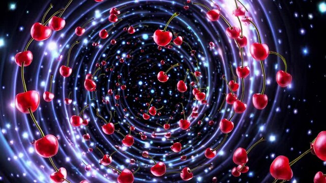 Red cherries with stems spin in a mesmerizing vortex against a backdrop of a dark, starry universe, creating a visually captivating spectacle