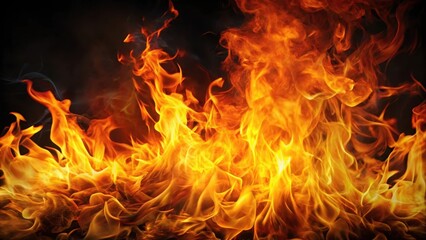 Fototapeta premium Intense flames engulfing a dark background with warm orange and yellow tones, inferno, black background, inferno, black background