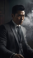 Fototapeta premium Elegant Man in Suit with Smoky Background and Serious Expression