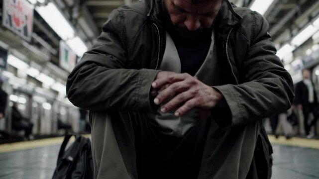Homeless individual sitting dejectedly on subway platform floor, head lowered, hands clasped, embodying urban social isolation and economic struggle