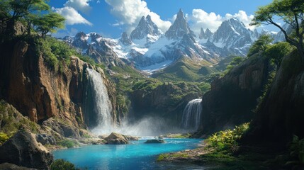 Majestic mountain waterfall, serene pool, lush valley, sunny day, nature background