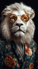 Portrait of a lion wearing glasses and a floral jacket.