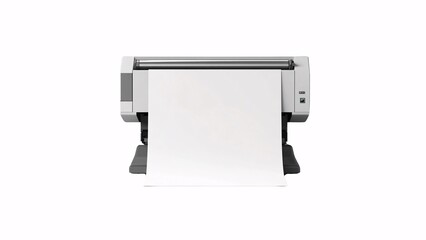 Large-format inkjet printer front view with blank white paper output, unbranded modern office equipment in white and gray design.