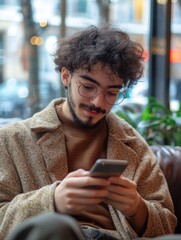 Fototapeta premium Man on Couch with Cell Phone