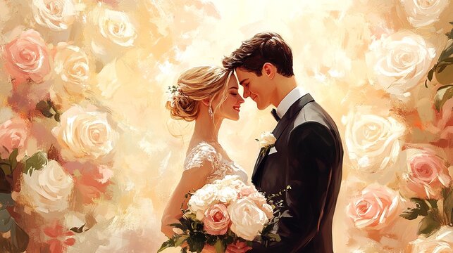 A couple on their wedding day, surrounded by roses.