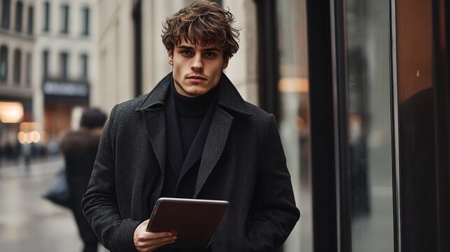A young man with curly brown hair holding a tablet while standing outside on a city street.