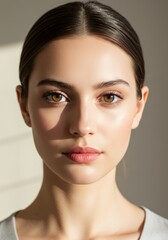 Fototapeta premium Close-up portrait of young woman with natural beauty, highlighting her stunning features