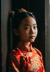 Close up portrait of young girl with traditional Chinese clothing and festive headdress