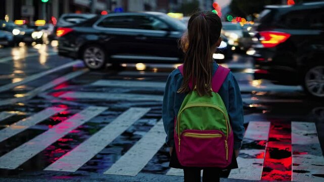Schoolgirl with a colorful backpack is waiting to cross the street at a pedestrian crossing at night, with cars passing by and their lights reflecting on the wet asphalt