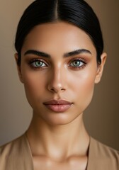 Fototapeta premium Intense and captivating portrait of a woman with green eyes and dark hair in studio setting