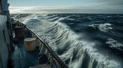 Rough seas and large waves crash against a ship's side.
