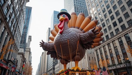 fThanksgiving Day Parade A festive image of a giant turkey balloon amidst towering skyscrapers during a Thanksgiving Day parade, celebrating holiday traditions and joy