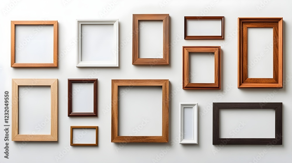 Aufkleber Assorted wooden photo frames and artwork hung on the wall in a cozy modern home interior design  Empty frames in various sizes colors and styles create a stylish gallery wall display