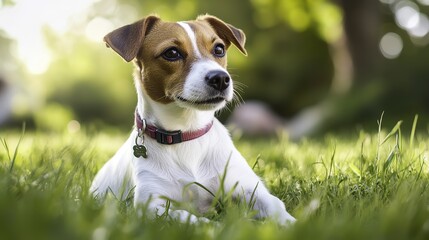 Jack Russell Terrier in a sunlit field, vibrant colors, realistic fur texture, close-up portrait. Joyful simplicity in nature's embrace.
