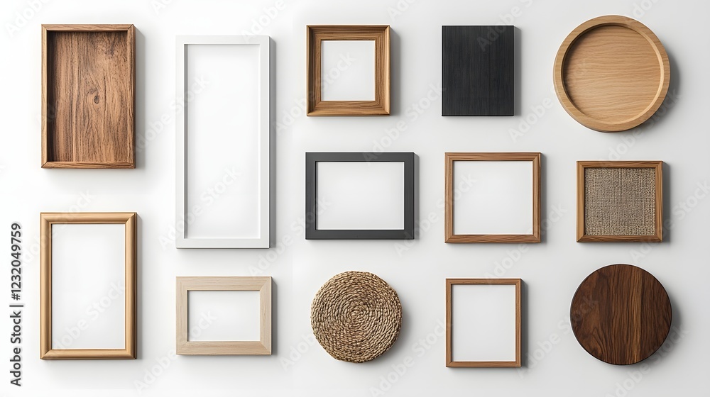 Poster assortment of various wooden frames on a clean white wall creating a minimalist gallery or home deco