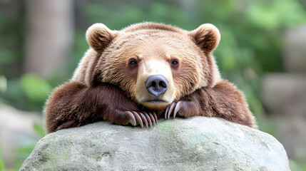 Obraz premium Brown bear resting on rock, forest background, wildlife photography