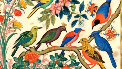 Obraz premium A Renaissance illumination of a natural scene, with birds and flowers. Vintage Illustration Showcases a Diversity of Birds, Including Bluebirds, Swallows, and Birds-of-Paradise. 2
