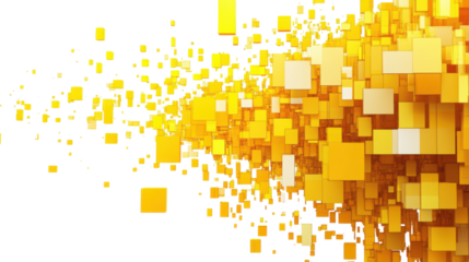 Yellow cubes exploding and dissolving on transparent background