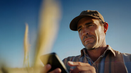 Farmer utilizing mobile technology for AI data analysis in a rural field at sunset