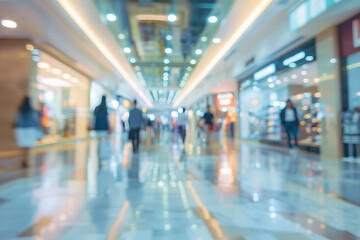 Busy crowded shopping mall interior with blurred people movement created using generative AI