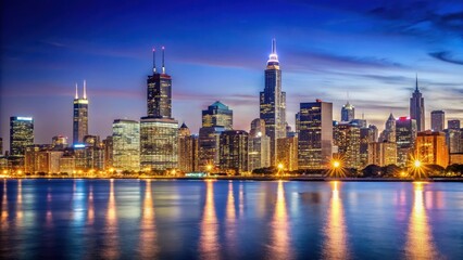Obraz premium Chicago Downtown Skyline at Night with Lights, chicago downtown skyline