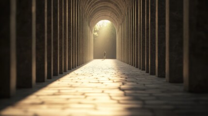 Fototapeta premium Person walking down a sunlit stone archway.